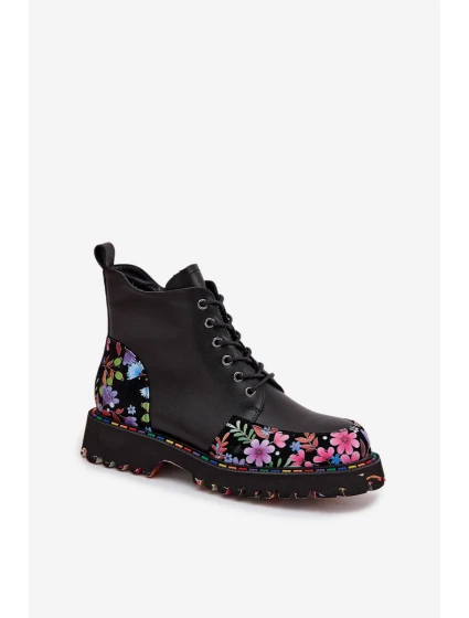 Kožené dámské botky Artiker zateplené – černé s květinovou výšivkou