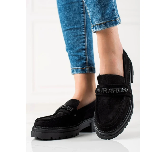 Exkluzívní dámské černé  polobotky na plochém podpatku