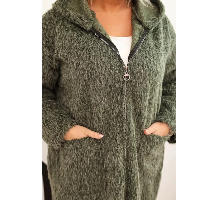 Dámský kabát Plus Size z viskózy na zip s kapucí khaki