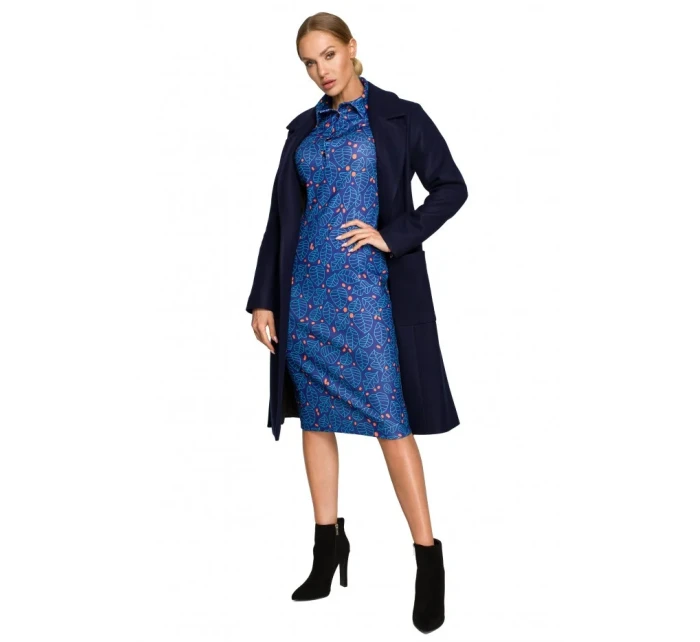 M708 Fleecový kabát s páskem a kapsami s nášivkami - tmavě modrý