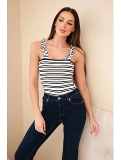 Dámská žebrovaná proužkovaná halenka na ramínka s volánkem černá