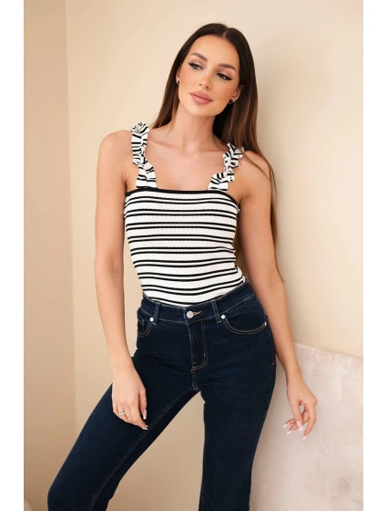 Dámská žebrovaná proužkovaná halenka na ramínka s volánkem černá