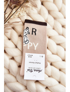 Béžové dámské bavlněné ponožky s nápisem a medvídkem