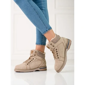 Zajímavé dámské  kotníčkové boty hnědé na plochém podpatku