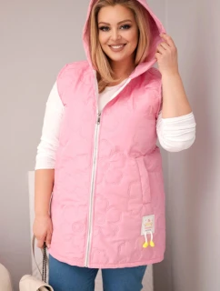 Dámská vesta Plus Size s kapucí a květinovým prošíváním světle růžová