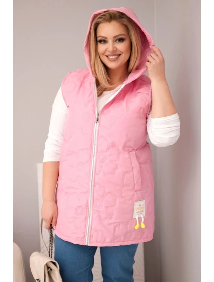 Dámská vesta Plus Size s kapucí a květinovým prošíváním světle růžová