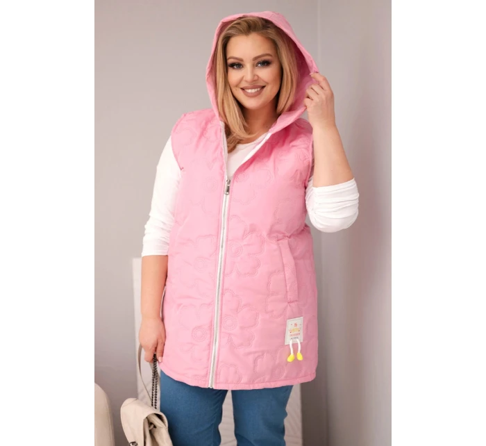Dámská vesta Plus Size s kapucí a květinovým prošíváním světle růžová