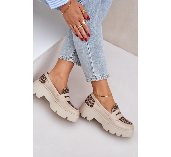 Dámské Kožené Mokasíny Na Platformě A Ploché Podpatky Leopardí Světle Béžové model 21683942 - Zazoo