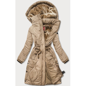 Béžová dámská zimní bunda ke kolenům (M-21601)