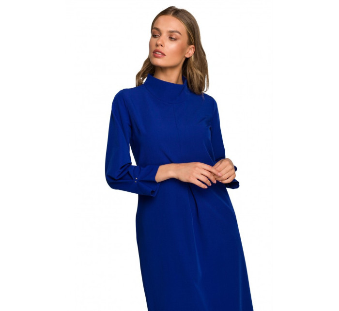 S318 Volné šaty s vysokým límcem - královská modř