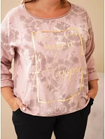 Dámská bavlněná halenka Plus Size s potiskem a výstřihem U růžová tmavá pudrová Dámská bavlněná halenka Plus Size s potiskem a výstřihem U růžová tmavá pudrová