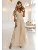 635-9 MELANIA dlouhé třpytivé svatební šaty s výstřihem a krátkými rukávy - béžové