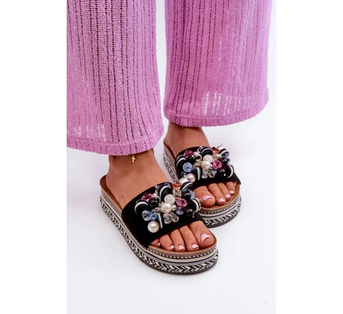 Dámské pantofle na platformě s ozdobami S.Barski černá Dámské pantofle na platformě s ozdobami S.Barski černá