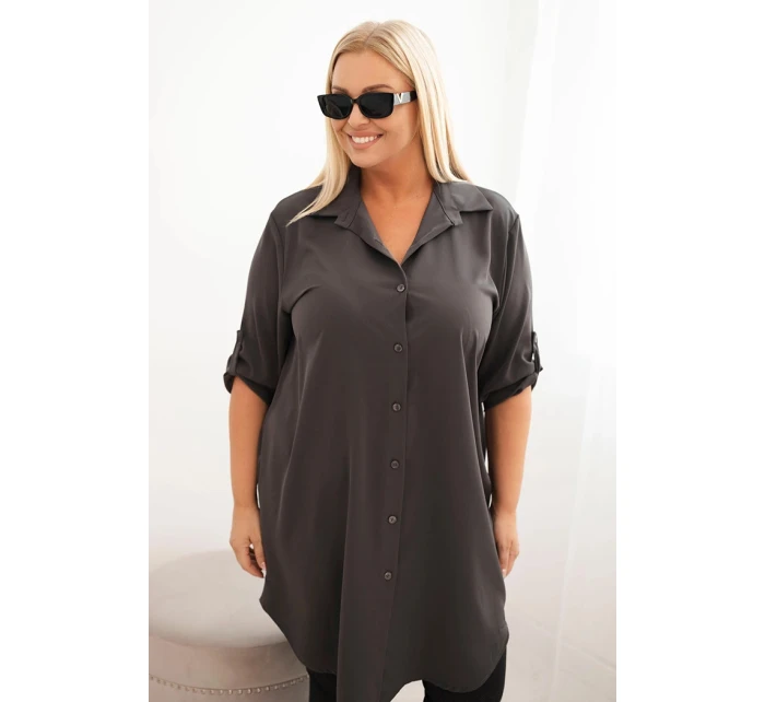 Dámská košilová šaty Plus Size s delší zadní částí a ohrnovacími rukávy grafitová