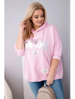 Dámská mikina plus size z viskózy s kapucí a klokaní kapsou světle růžová
