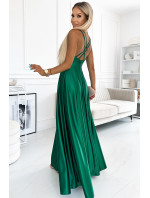 Elegantní dlouhé saténové šaty s výstřihem a překříženými ramínky Numoco LUNA - lahvově zelené