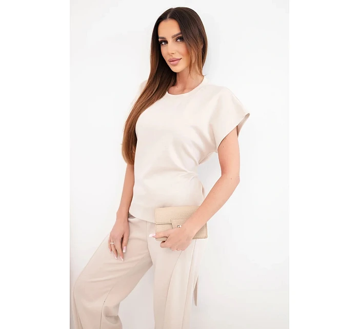 Dámský měkký komplet s halenkou s krátkým rukávem a kalhotami se širokou nohavicí béžový