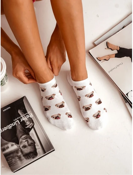 Dámské Bavlněné Ponožky S Mopslíky Bílé Dámské Bavlněné Ponožky S Mopslíky Bílé