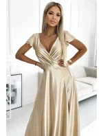 411-7 CRYSTAL saténové dlouhé šaty s výstřihem - ZLATÉ 411-7 CRYSTAL saténové dlouhé šaty s výstřihem - ZLATÉ