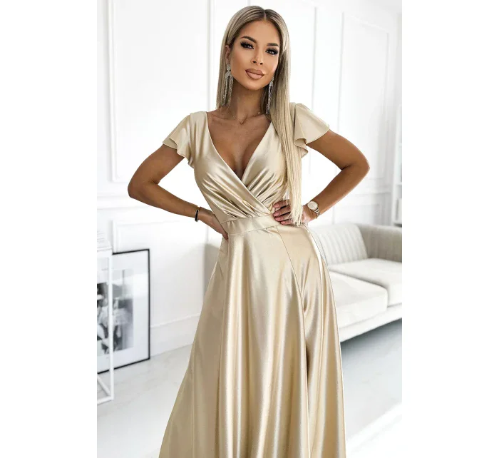 411-7 CRYSTAL saténové dlouhé šaty s výstřihem - ZLATÉ 411-7 CRYSTAL saténové dlouhé šaty s výstřihem - ZLATÉ