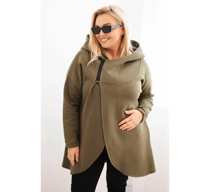 Dámská mikina Plus Size s kapucí a asymetrickým zipem khaki