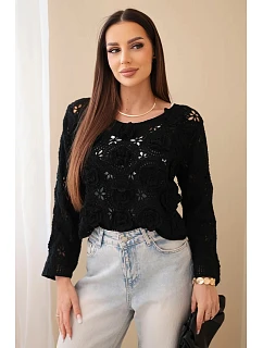 Dámský ažurový svetr s květinovým vzorem černý