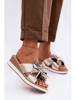 Kožené nazouváky na platformě s dekorativním květem S.Barski GR61-5989 Zlaté