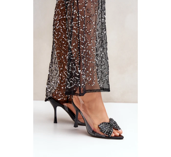 Průhledné Sandály Na Jehlovém Podpatku S Lesklou Mašlí Černé Viosta Průhledné Sandály Na Jehlovém Podpatku S Lesklou Mašlí Černé Viosta