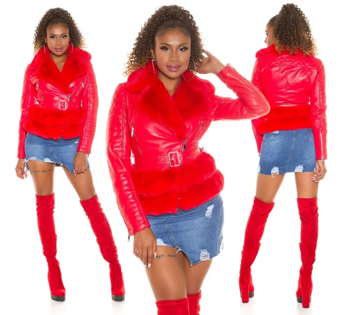 Dámská sexy kožená bunda s umělou kožešinou J930 Červená - In-Stylefashion