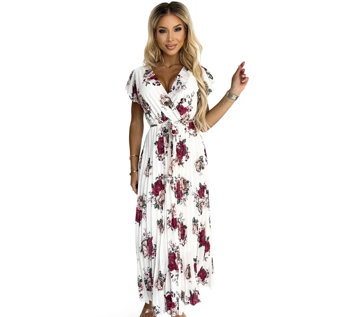 Plisované midi šaty s výstřihem a volánky ecru + vínové květy model 21097879 - numoco basic