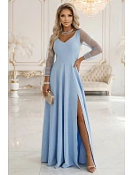 640-5 LORETTA jedinečné dlouhé šaty s tylovými rukávy a výstřihem - modré