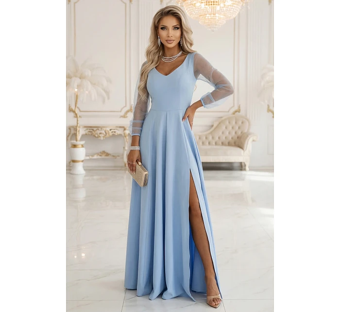 640-5 LORETTA jedinečné dlouhé šaty s tylovými rukávy a výstřihem - modré
