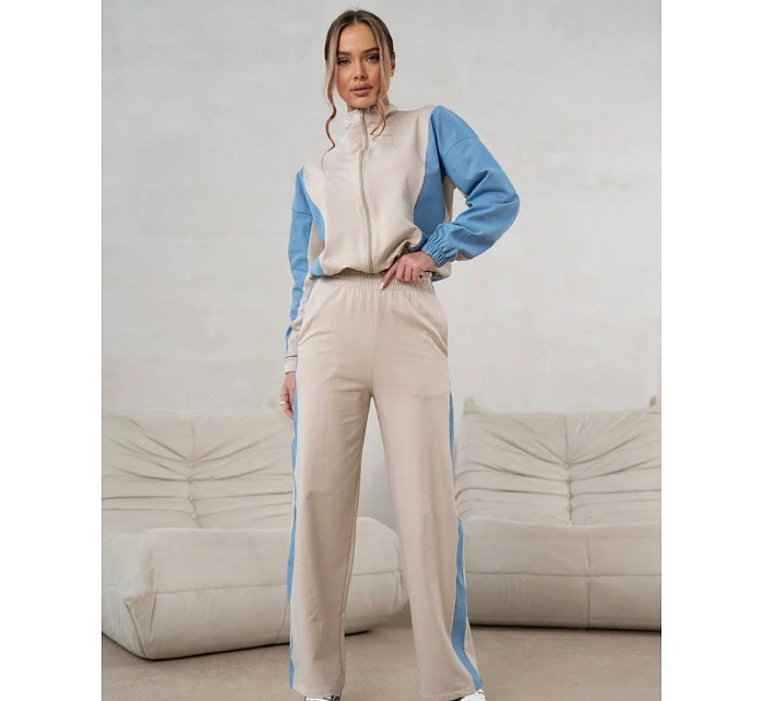 Tepláková souprava mikina na zip + široké kalhoty béžovo-modrá (821151)