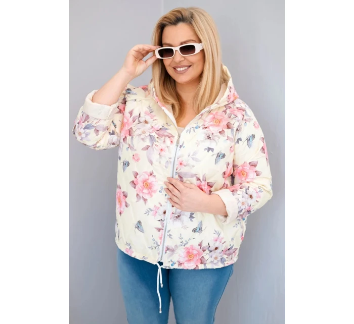 Dámská jarní prošívaná bunda Plus Size s kapucí a květinovým vzorem žlutá