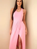 Dámské bavlněné midi šaty bez rukávů s řasením světle růžové