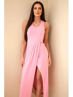 Dámské bavlněné midi šaty bez rukávů s řasením světle růžové
