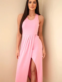 Dámské bavlněné midi šaty bez rukávů s řasením světle růžové