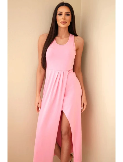 Dámské bavlněné midi šaty bez rukávů s řasením světle růžové Dámské bavlněné midi šaty bez rukávů s řasením světle růžové