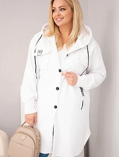 Dámský kabát Plus Size s kapucí model 22136653 na knoflíky bílý - K-Fashion