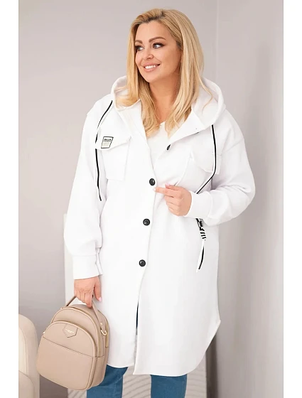 Dámský kabát Plus Size s kapucí zapínaný na knoflíky bílý Dámský kabát Plus Size s kapucí zapínaný na knoflíky bílý