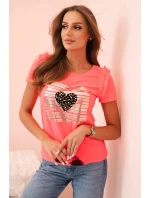 Dámská bavlněná blůza s volánem a srdcem z kamínků růžový neon