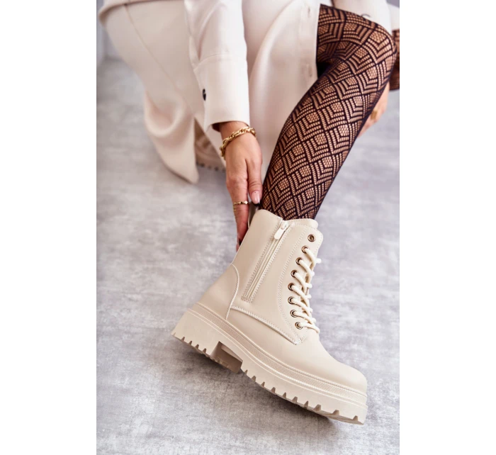 Dámské zateplené kožené kozačky světle béžové model 21598620 - EVENTO