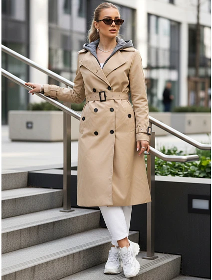 Dámský dvouřadový trenčkot s kapucí FashionStreet camel TY5656