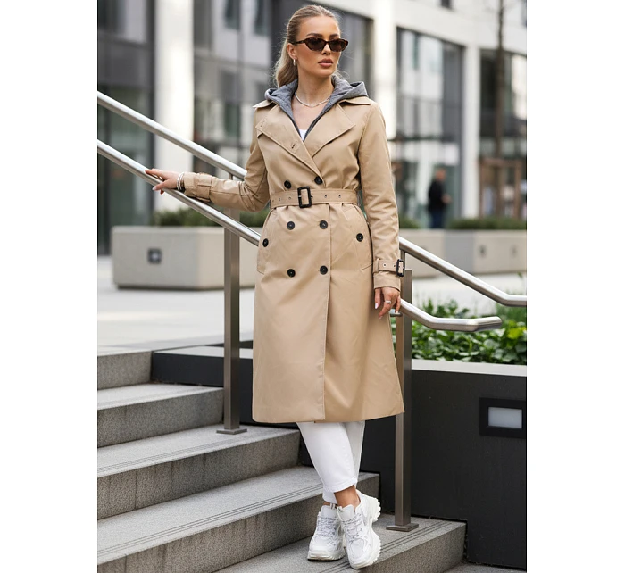 Dámský dvouřadový trenčkot s kapucí FashionStreet camel TY5656