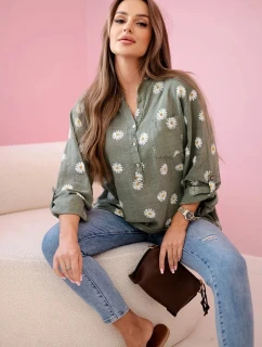 Lněná dámská halenka s květinovým vzorem, dlouhými rukávy a knoflíky khaki