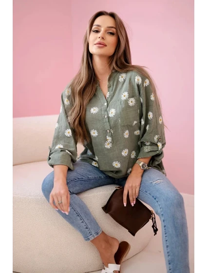 model 21911562 dámská halenka s květinovým vzorem, dlouhými rukávy a knoflíky khaki - K-Fashion