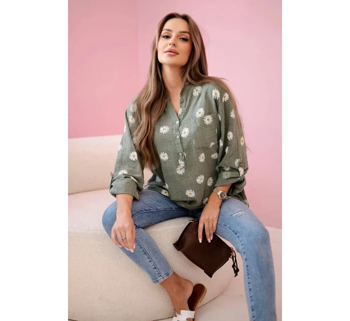 model 21911562 dámská halenka s květinovým vzorem, dlouhými rukávy a knoflíky khaki - K-Fashion