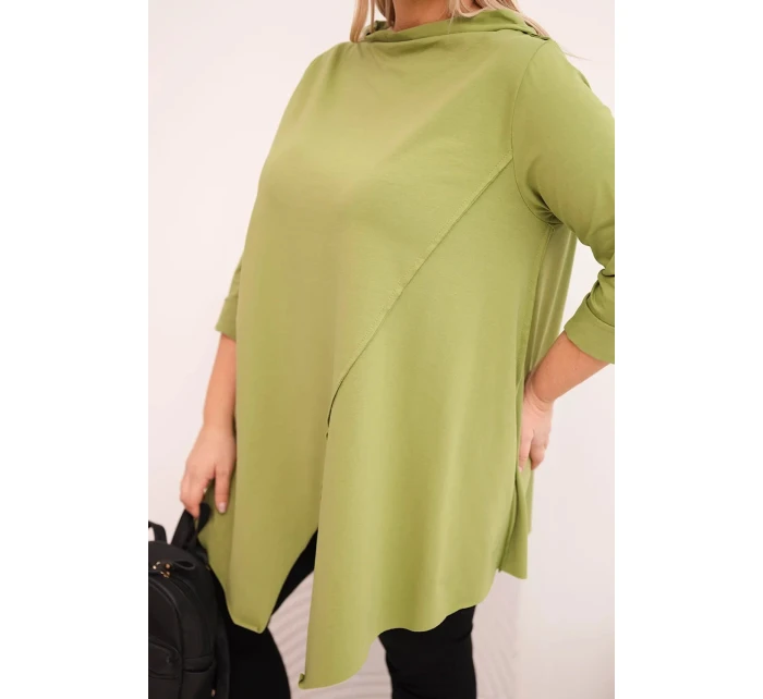 Dámská bavlněná blůza Plus Size asymetrická s ohrnutým rukávem olivová Dámská bavlněná blůza Plus Size asymetrická s ohrnutým rukávem olivová