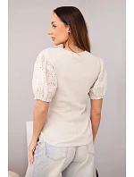 Dámská žebrovaná bavlněná halenka s nadýchaným rukávem a knoflíčky béžová