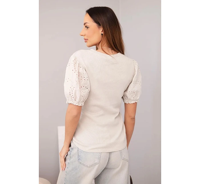 Dámská žebrovaná bavlněná halenka s nadýchaným rukávem a knoflíčky béžová